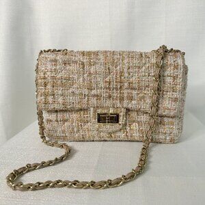 Cream & Apricot Tweed Flap Rectangular Bag; Chain/Leather woven strap